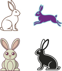 Stylized rabbit illustrations, minimalist bunny designs, diverse rabbit silhouettes, cute cartoon bunnies, graphic rabbit logos, white outline rabbit, purple jumping hare, pastel green sitting bunny, 