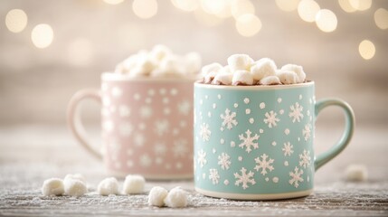 Two decorative mugs filled with hot chocolate topped with fluffy marshmallows, creating a warm atmosphere for winter gatherings