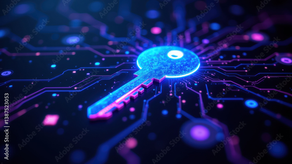 Poster cybersecurity, internet security digital key on circuit board background with glowing neon pink and 