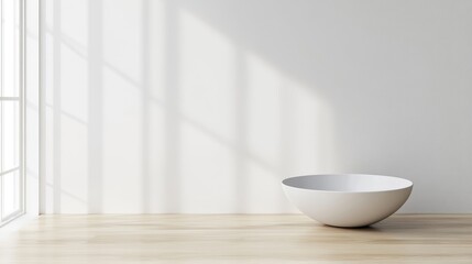 A wide, shallow white bowl sits on a light wood floor. The setting is minimalist, with a white wall and window light creating shadows. The image is digitally rendered, high quality, and features sof