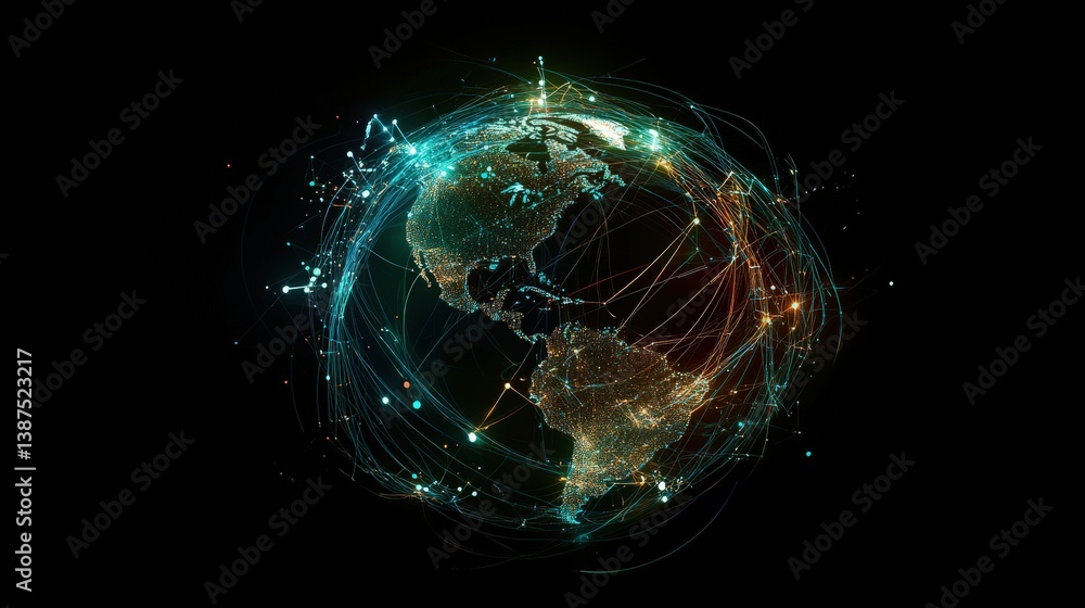 Poster a hyper-connected world concept featuring a globe wrapped in glowing data lines and global network n