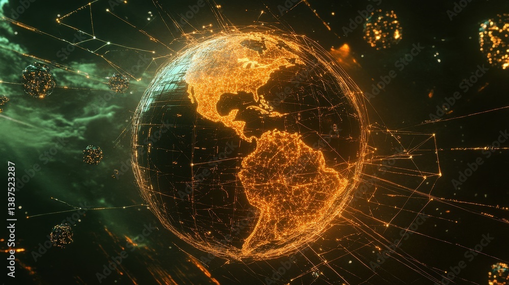Poster a hyper-connected world concept featuring a globe wrapped in glowing data lines and global network n