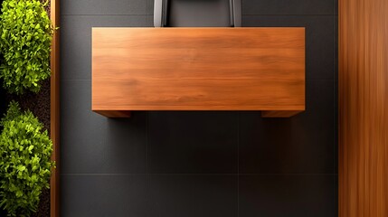 Aerial view of a modern wooden desk surrounded by greenery in a stylish office setting