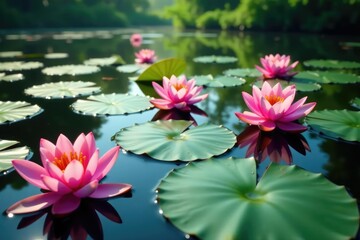 Vibrant water lilies forming a floral pattern across a still lake, water scene, floral lake pattern, design