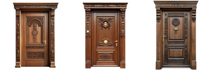 A set of intricately carved wooden doors, a collection of elegant front entrances with brass details. Isolated on transparent Background
