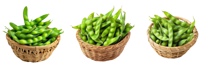 A set of fresh garden legumes, a collection of green edamame peas in woven baskets. Isolated on transparent Background