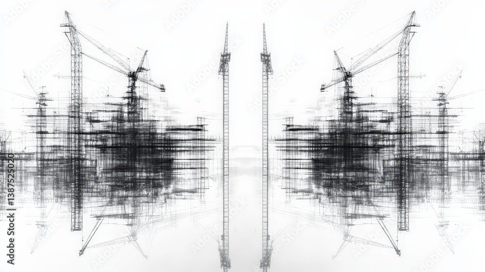 Poster a hypnotic abstract pattern of cranes and scaffolding forming an intricate network of lines and shad