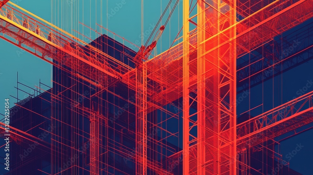 Poster a hypnotic abstract pattern of cranes and scaffolding forming an intricate network of lines and shad