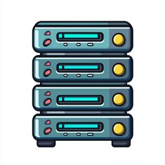 Fototapeta premium Stack of four server units with blue and yellow details on a white background.