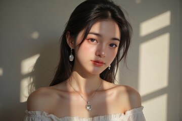 Elegant Asian Woman with Pearl Jewelry in Soft Sunlight: Portrait of Beauty and Grace