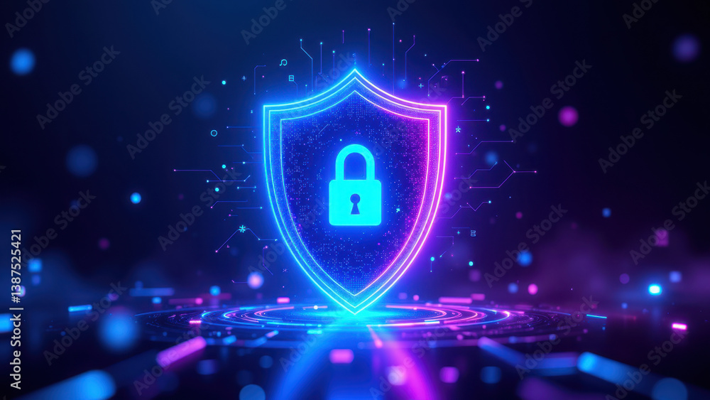 Poster image of a digital lock symbol with futuristic and cybernetic elements, representing online security