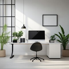 Modern office interior with desk chair computer plants and sunlight.