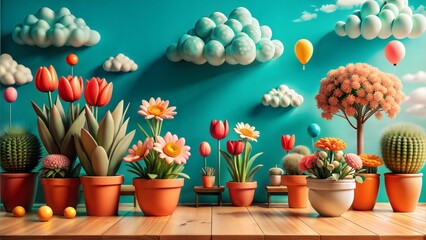 3D flowers, tree and cactus in a flower pot with 3D clouds in the sky