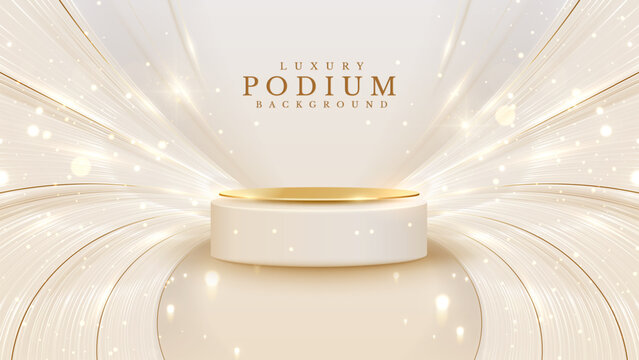 Elegant stage backdrop with golden podium and lights shining from behind With bokeh decoration. Cream elegant background Suitable for product promotions and award ceremonies.