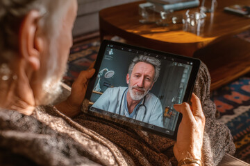 A middle aged man having a virtual consultation with a medical doctor from home with a tablet computer