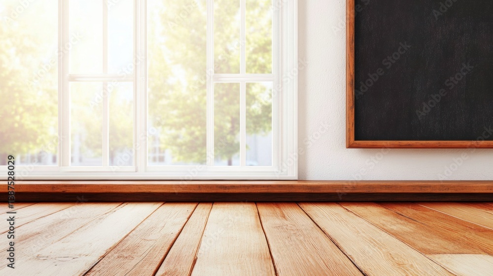 Poster sunlight streams through a large window, highlighting wooden floors and a chalkboard, creating a tra