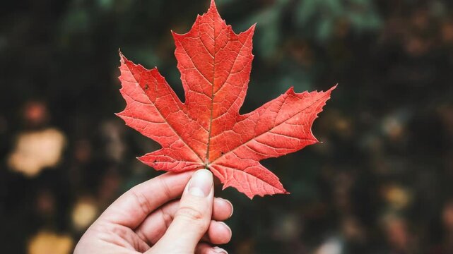 Bright red maple leaf held in hand, showcasing autumn colors in a tranquil outdoor setting