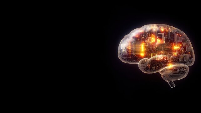 Futuristic brain model illustrates intricate circuit patterns and luminous accents on a black backdrop, embodying technological innovation