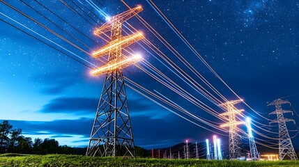 Fototapeta premium Power Grid Energy Night - technology sustainability
