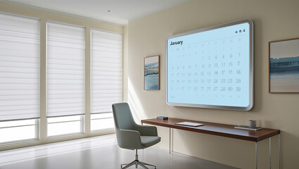 Modern Office Interior With Digital Calendar Screen And Minimalist Furniture Design