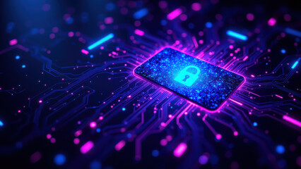 Cybersecurity illustration with a purple and blue circuit board background and a stylized lock symbol representing internet security.
