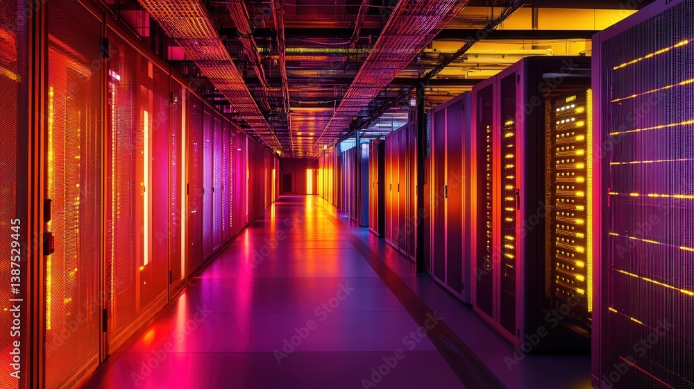 Poster a striking view of a working data center corridor emphasizes the intricate layout of rack servers