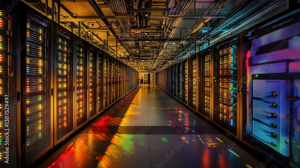 Poster a striking view of a working data center corridor emphasizes the intricate layout of rack servers