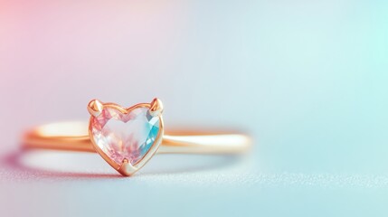Fine jewelry showcases a heart-shaped ring with a brilliant gemstone, elegantly displayed against a soft pastel backdrop that enhances its beauty
