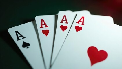 Obraz premium Four aces fanned out, showcasing a classic poker hand , flush, success, hearts