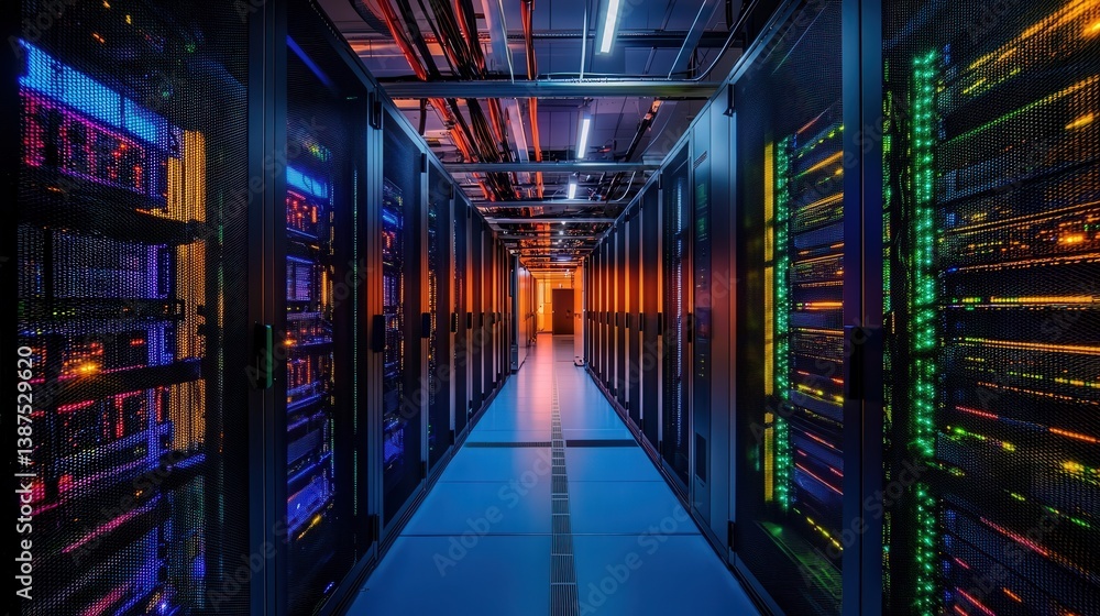 Poster a striking view of a working data center corridor emphasizes the intricate layout of rack servers
