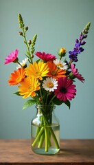 Freshly picked wildflower bouquet on a wooden table, wildflowers, flowers