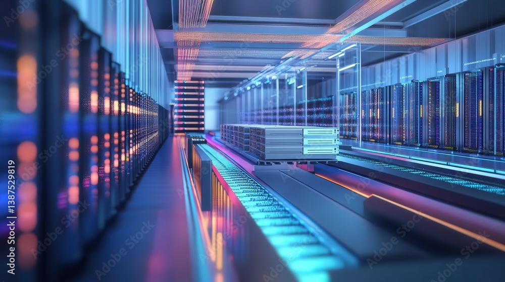 Poster a stunning 3d graphic concept of a large data center showcases rows of sleek servers and cutting-edg