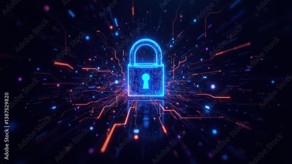 Poster cybersecurity icon with a glowing lock on a network background.