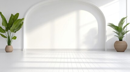 A minimalist room features a large arched white wall. Two potted plants flank the wall. The image is bright, high-quality, and digitally rendered. The style is clean and modern, with a serene mood.