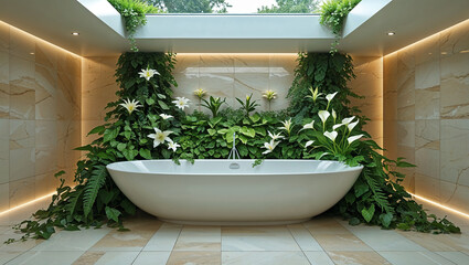 Luxurious Bathroom Interior With White Bathtub And Natural Green Plants Decor