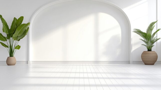 A minimalist room features a large arched white wall. Two potted plants flank the wall. The image is bright, high-quality, and digitally rendered. The style is clean and modern, with a serene mood.
