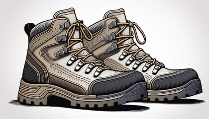 graphic illustration of rugged hiking boots and their detailed tread pattern on a white background