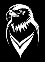 Hawk's head white on black, isolated for logo or symbol. Can be used as emblem or mascot for sports or other products