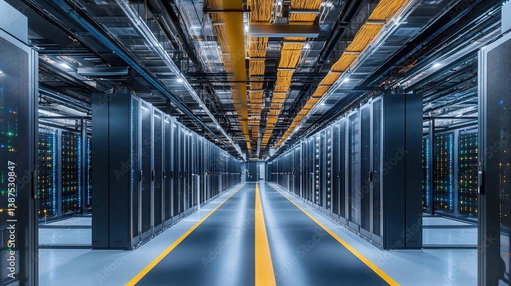 Poster a stunning representation of a data center captures the advanced infrastructure, featuring rows of h