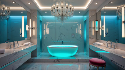 Luxury Bathroom Interior With Marble Vanity And Freestanding Bathtub Bathed In Teal Lighting