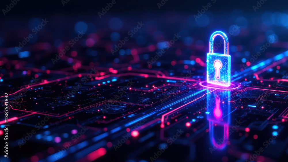 Poster this image depicts a digital lock symbol standing against an abstract network backdrop with vibrant 