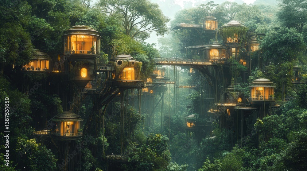 Poster a thriving jungle kingdom where technology is embedded in every part of life