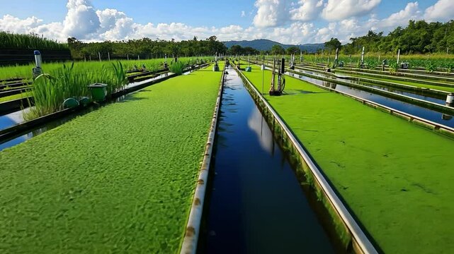 A bioengineered algae farm generating renewable biofuel for future energy needs.