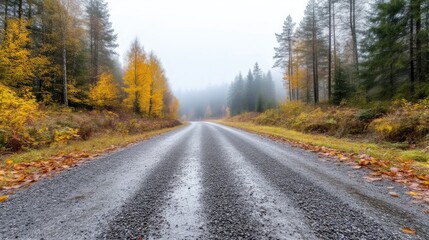 Fototapeta premium Misty autumnal forest road. A gravel road winds through a misty autumnal forest. The trees are ablaze with autumnal colors, primarily gold and yellow, with hints of red.