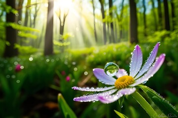 Macro shot of dew drop on a wild flower amidst a lush forest in the springtime, sunny, vibrant, large aperture, flower background