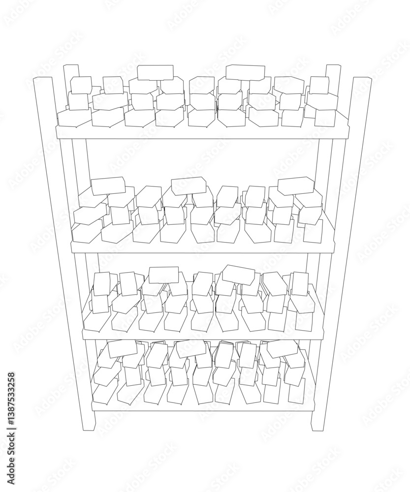 Poster a tall shelf with many items on it. the shelf is divided into four sections. the items on the shelf 