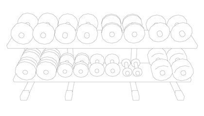 A white background with a black and white image of a Dumbbell. The Dumbbell are scattered all over the shelves, and the shop is filled with various sizes and shapes of Dumbbell