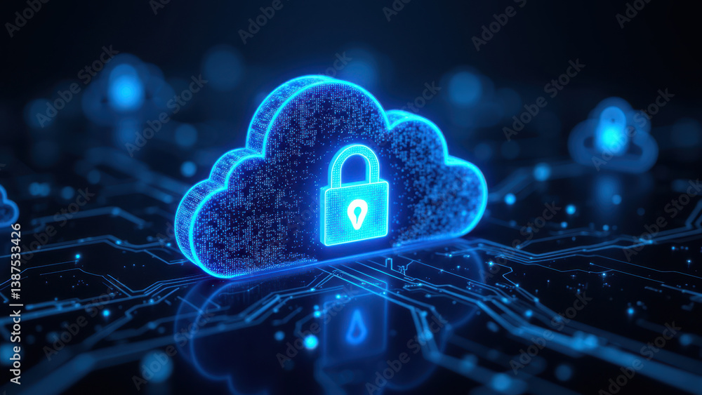 Poster cybersecurity cloud protection and encryption concept with a lock icon.