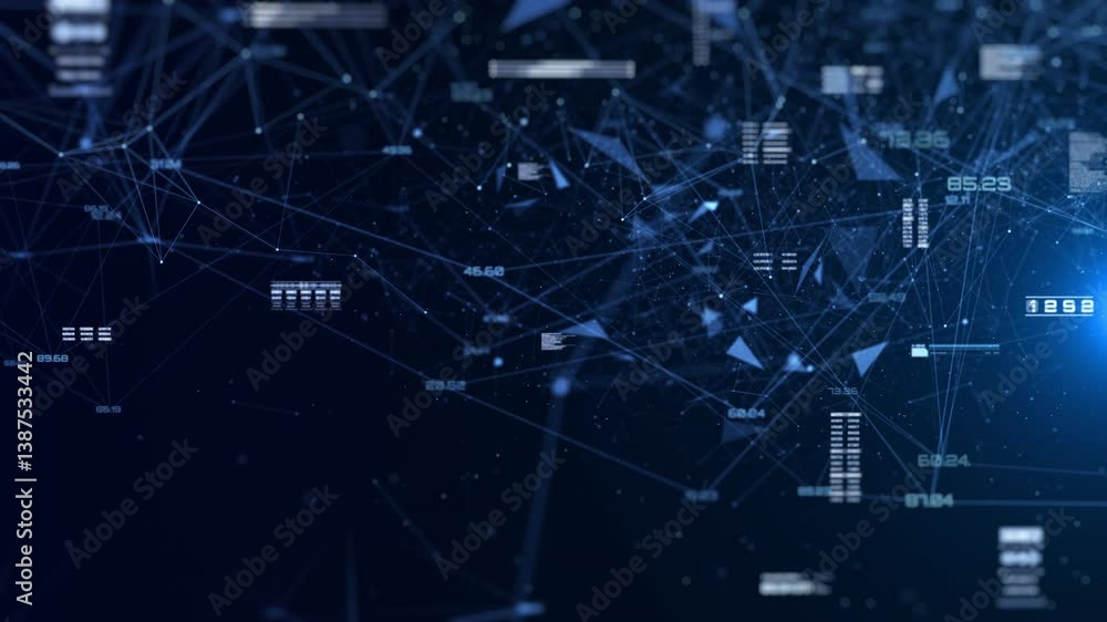 Poster Futuristic Technology Background Design. Plexus Digital Blue Color Dots, Line, Triangle, Binary Number Data Flowing Connection Structure on HUD System. Abstract 3D 4K Motion