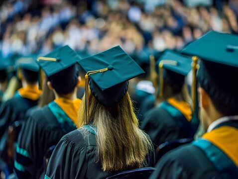 A sea of dark green graduation gowns fills the torium as graduates await their diplomas at commencement.